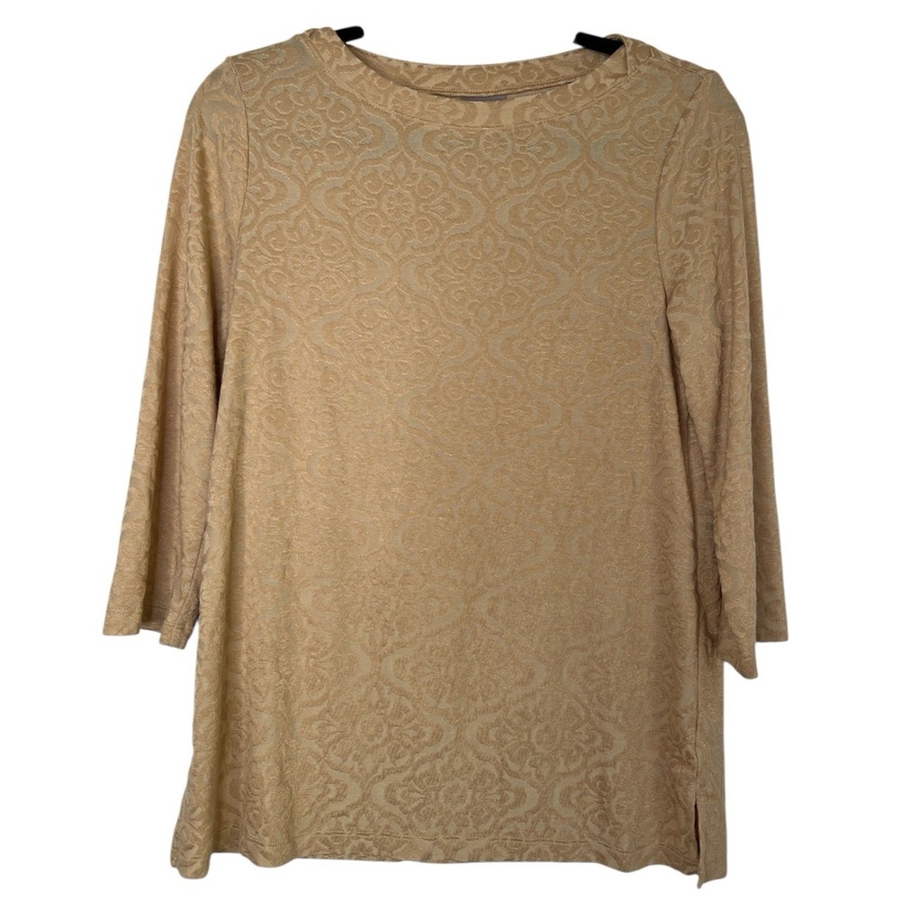 Chicos Travelers Tunic Top Size 0/small Gold Print 3/4 Slv Long‎ Travel Shirt